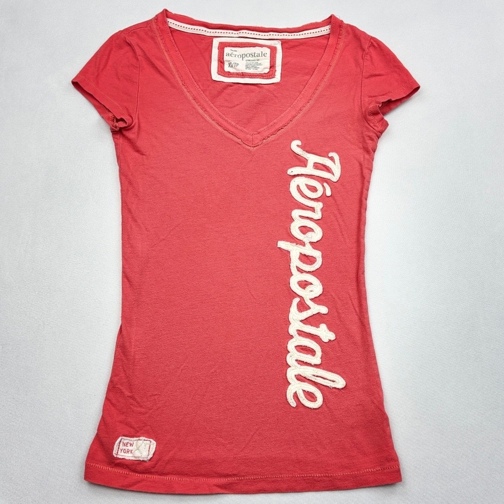 Aeropostale Shirt Womens XS Coral Red V Neck Script Applique Logo Short Sleeve